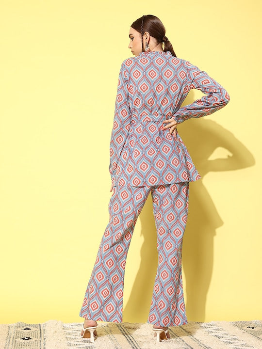 InWeave Women's Blue Pink Ogee Print Belted Coord Set - Swadesiicart
