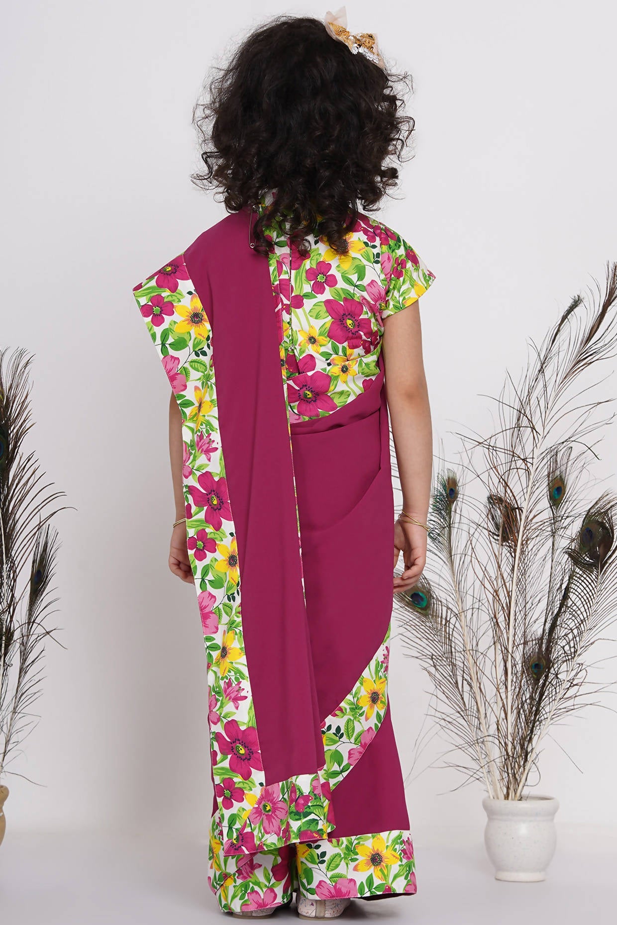 Little Bansi Girls Floral Print Ready to Wear Saree and Floral Blouse - Magenta | Swadesiicart