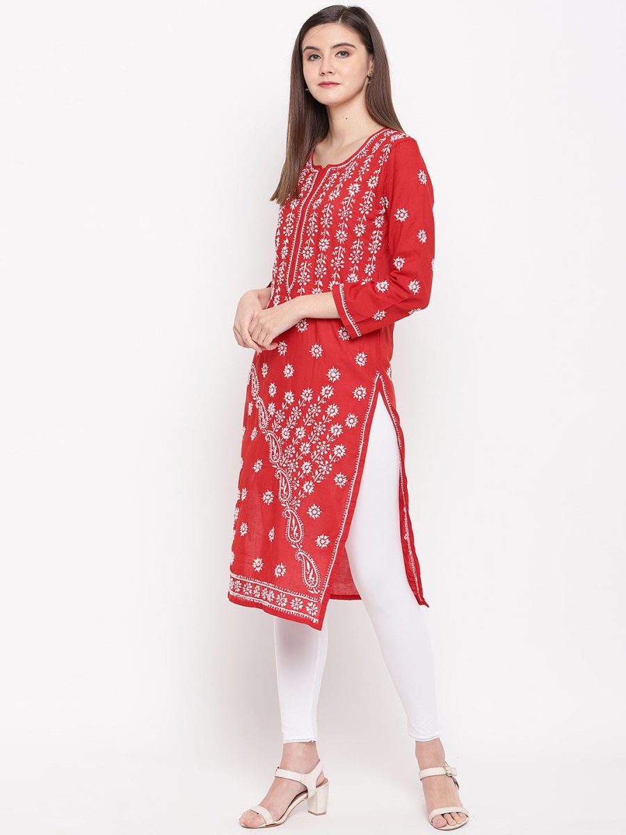 ADA Women Red & White Chikankari Hand Embroidered Straight Sustainable Kurta | Swadesiicart