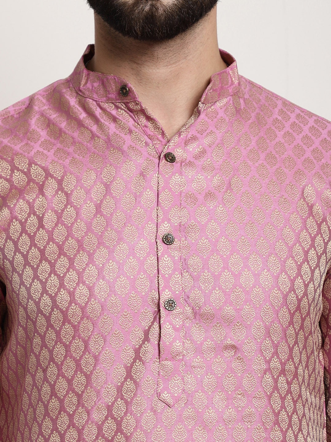 Sojanya Men Pink & Off-White Woven Design Kurta with Churidar | Swadesiicart