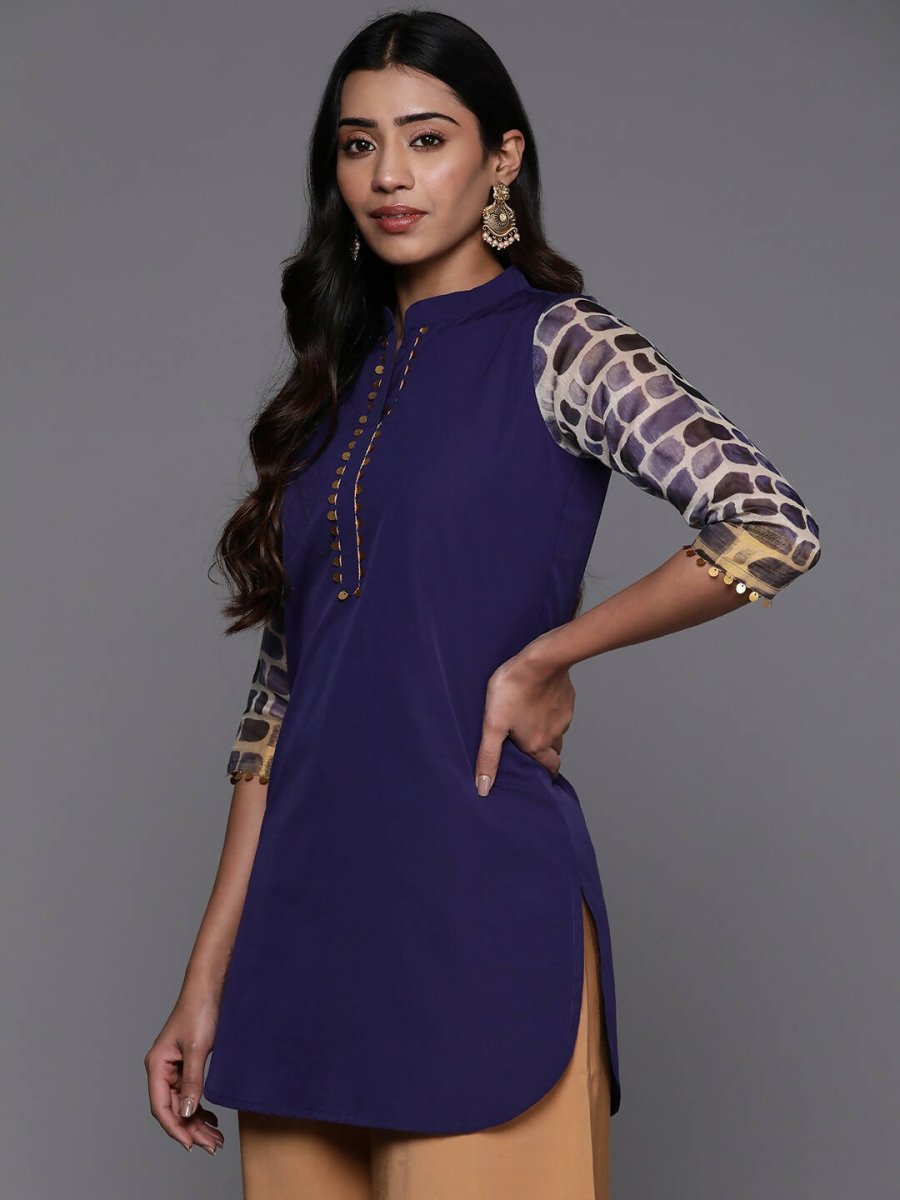 Ahalyaa Blue & Gold-Toned Mandarin Collar Printed Tunic - Blue Color | Swadesiicart