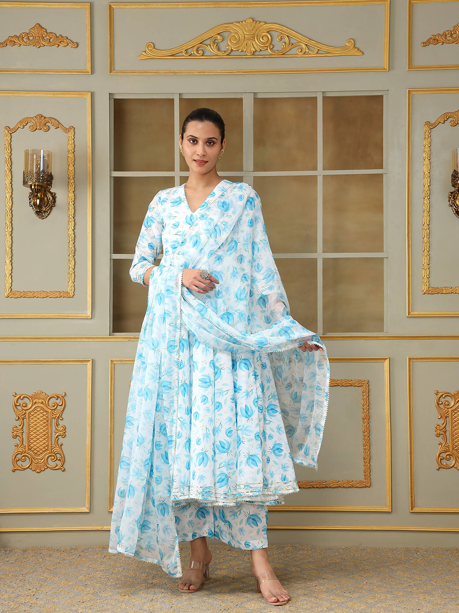 Pomcha Jaipur Blue Saadgi Blue Phool Anarkali Set | Swadesiicart