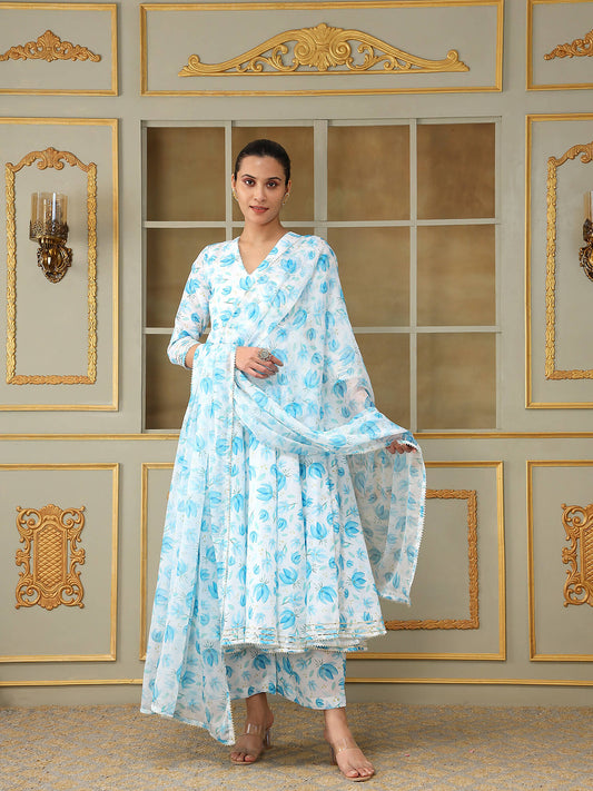 Pomcha Jaipur Blue Saadgi Blue Phool Anarkali Set | Swadesiicart