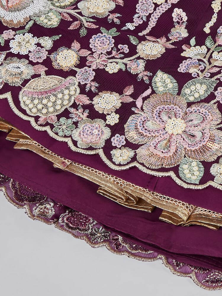House of Panchhi Burgundy Net Sequins And Thread Embroidery Lehenga Choli & Dupatta | Swadesiicart