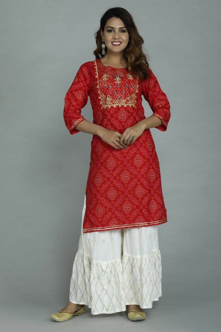 Alvano Printed Stylish A-line Kurti with Sharara set for Women and Girls Rayon (Orange)