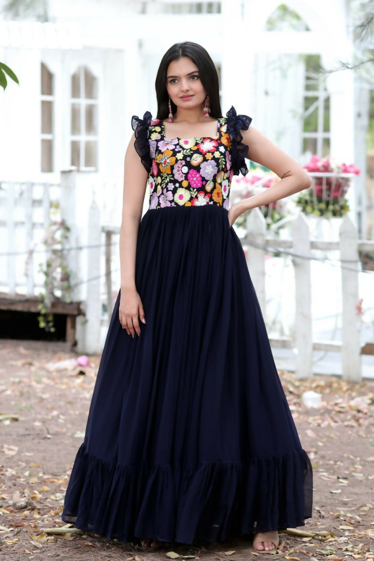 Jyoti Fashion Women's Navy Blue Sequins Thread Embroidery Faux Blooming Anarkali Dress | Swadesiicart
