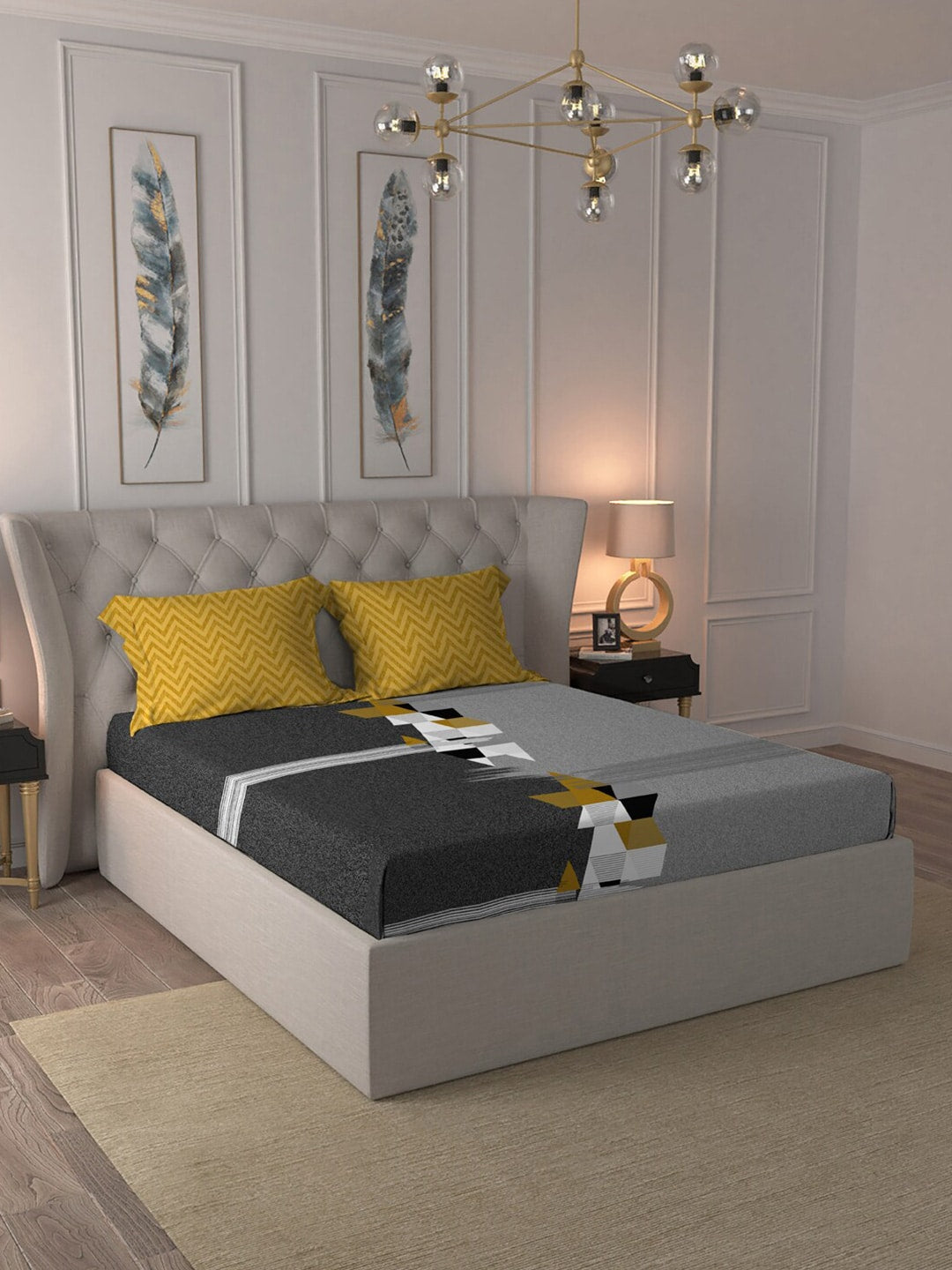 MYTRIDENT Grey Melange White Geometric Cotton 144 TC Queen Bedsheet With 2 Pillow Covers - Swadesiicart