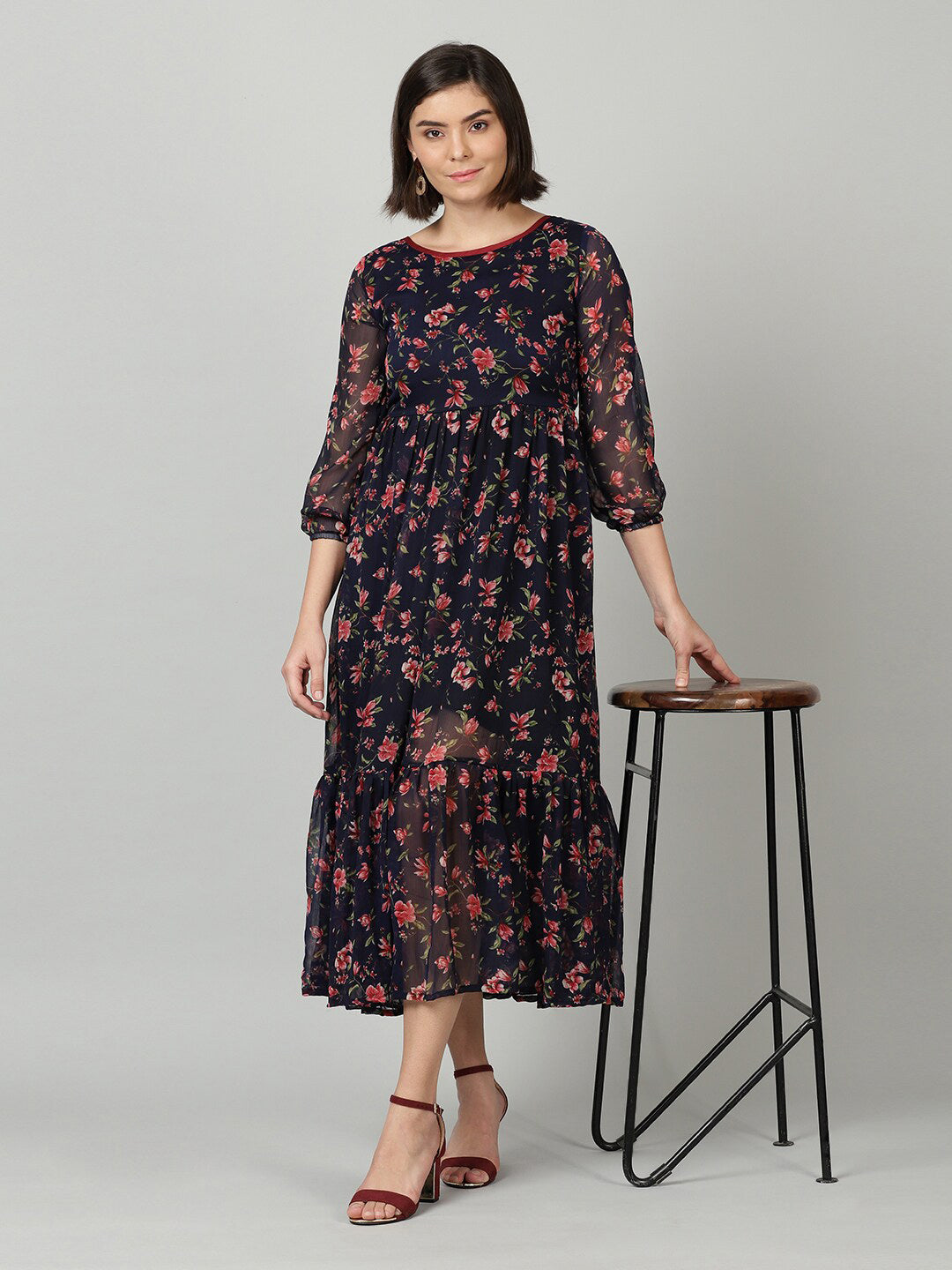 Souchii Women Navy Blue & Red Floral Chiffon A-Line Tiered Dress - Swadesiicart