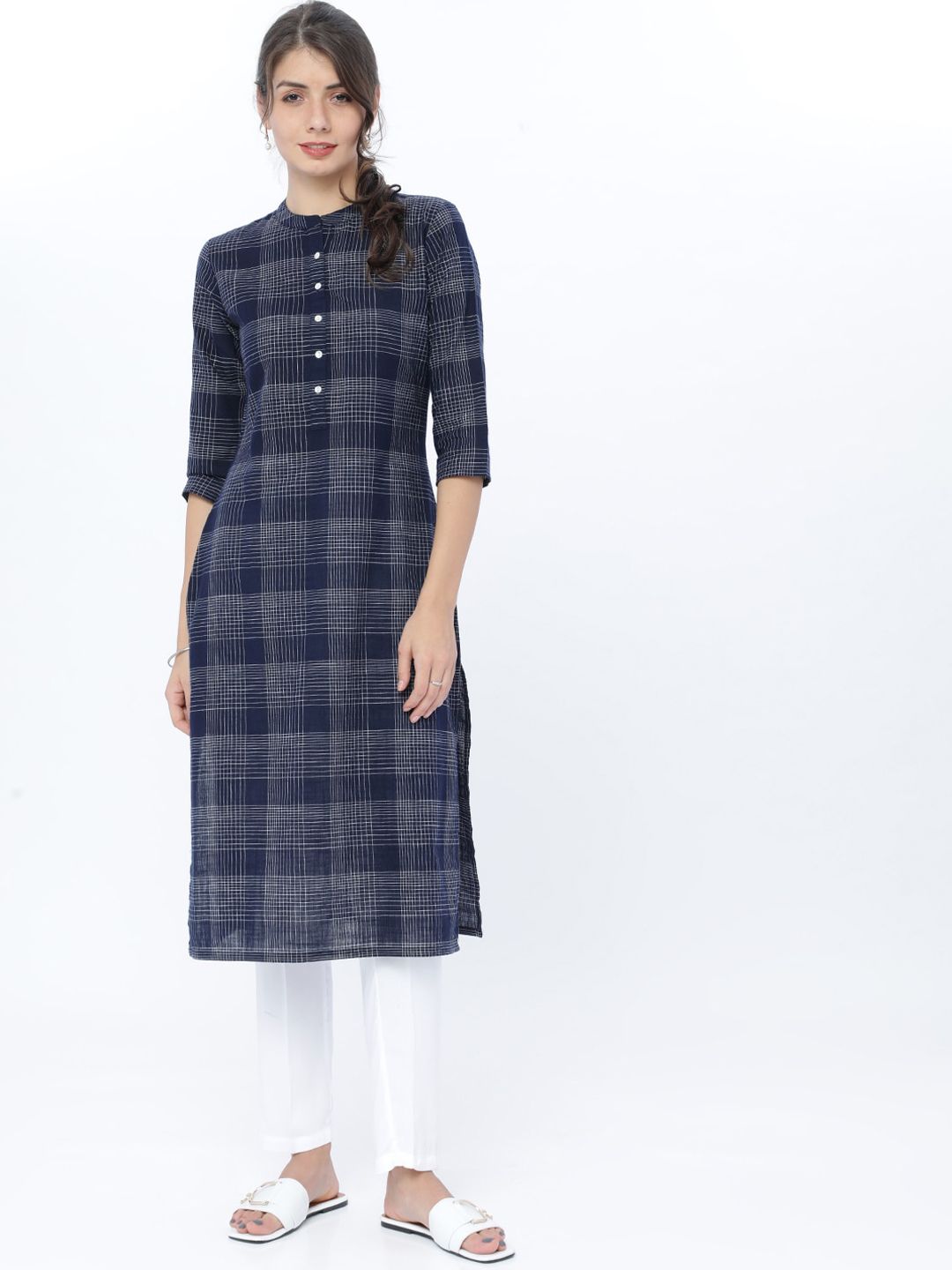 Vishudh Women Navy Blue Checked Kurta - Swadesiicart