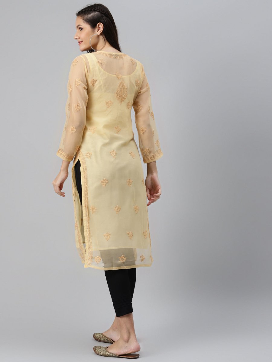 ADA Women Beige & Black Ethnic Motifs Embroidered Chikankari Handloom Kurta with Trousers & Inner | Swadesiicart