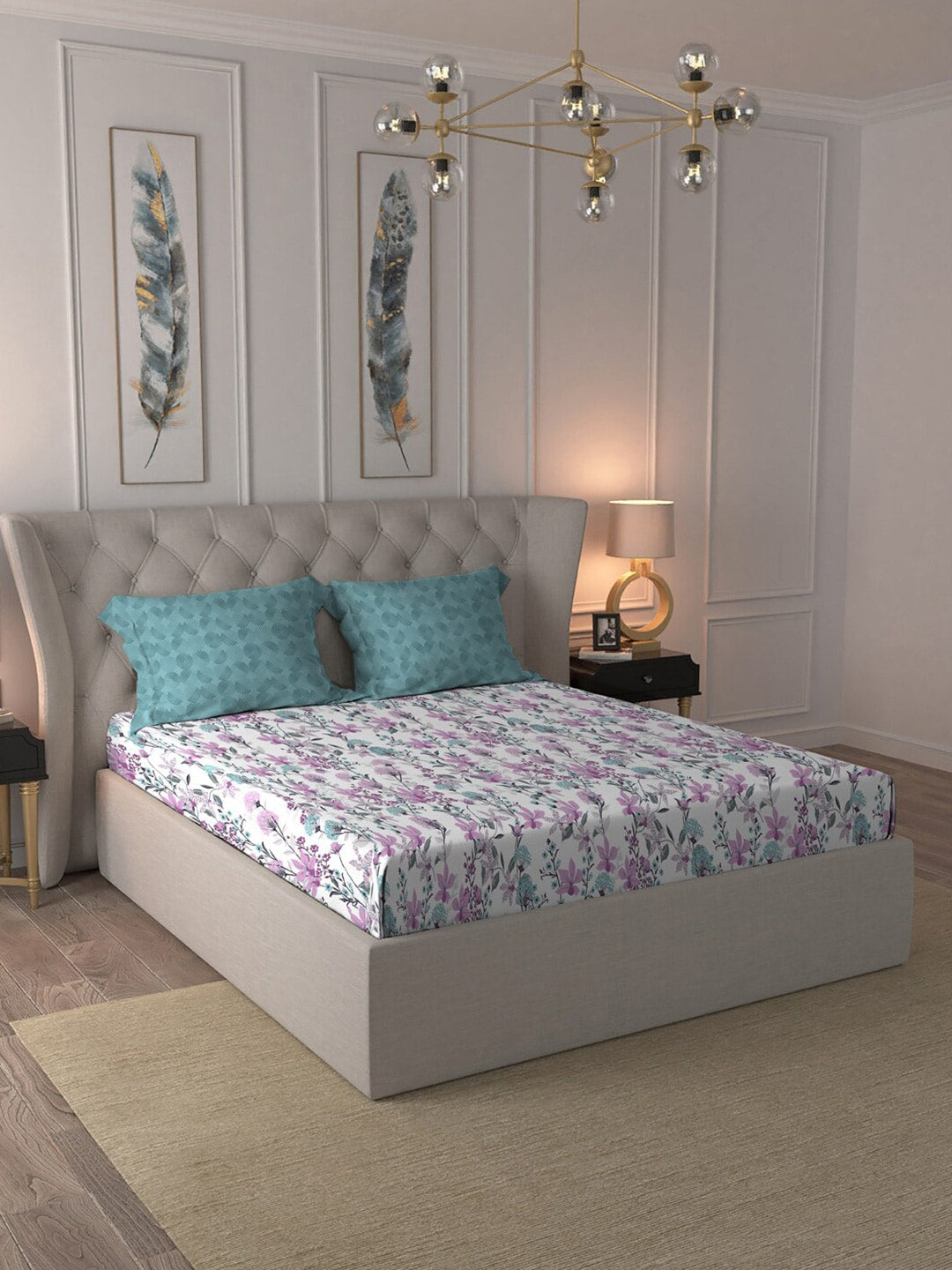 MYTRIDENT Violet White Floral Cotton 144 TC Queen Bedsheet With 2 Pillow Covers - Swadesiicart