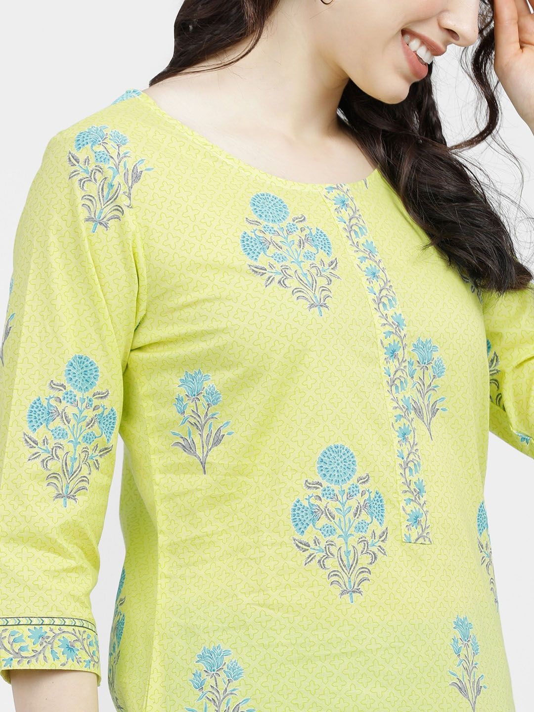Vishudh Women Lime Green Ethnic Motifs Printed Regular Pure Cotton Kurta with Palazzos - Swadesiicart