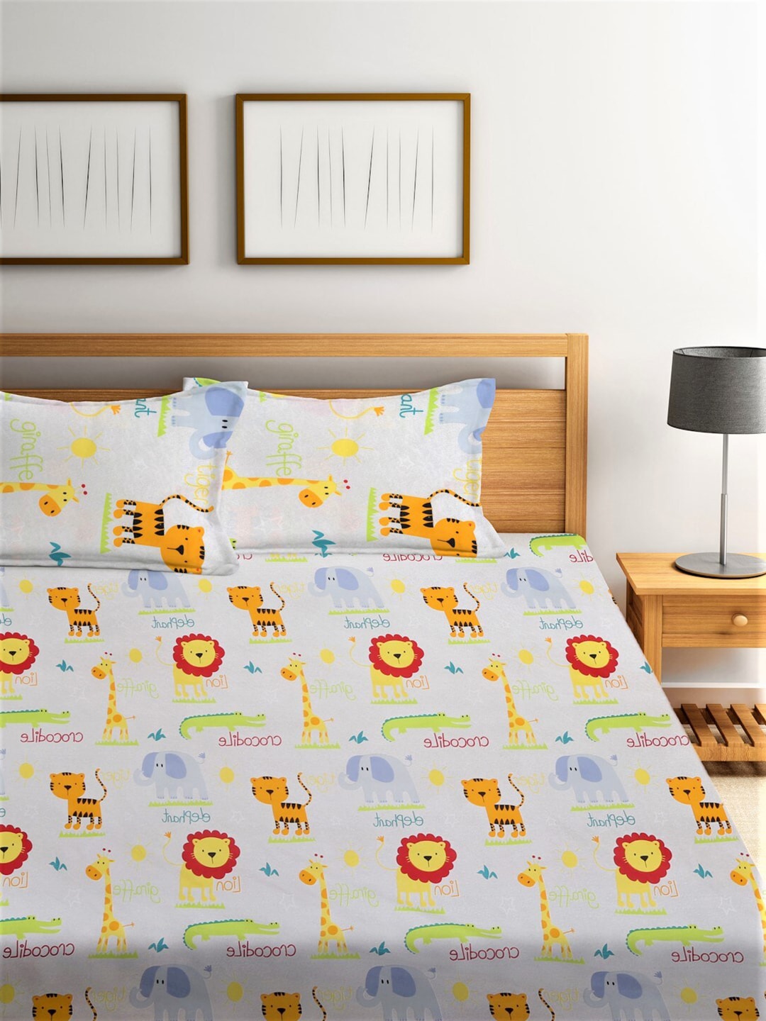 Home Sizzler White & Orange Cartoon Characters 210 TC Bedsheet with Pillow Covers - Swadesiicart
