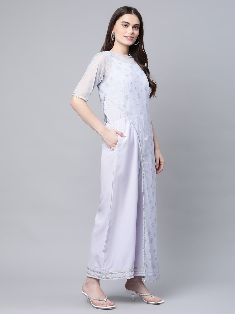 Ahalyaa Womens Blue Crepe & Net Silver Glitter Print Jumpsuit - Swadesiicart