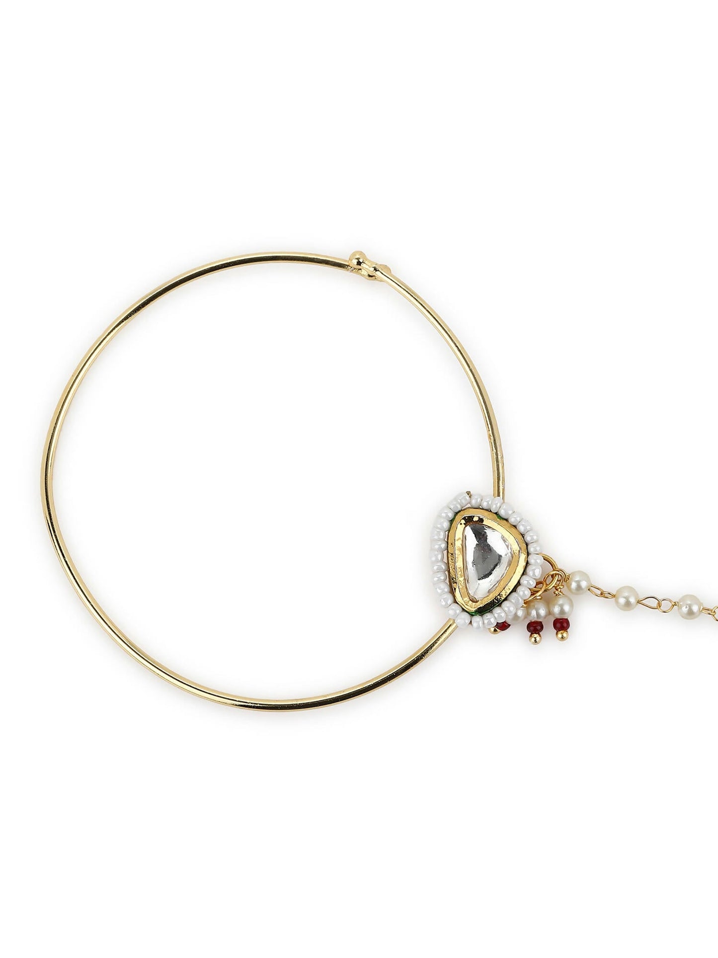 Gold-Polished White Kundan Studded Nose Pin With Beaded Extension - Ruby Raang | Swadesiicart