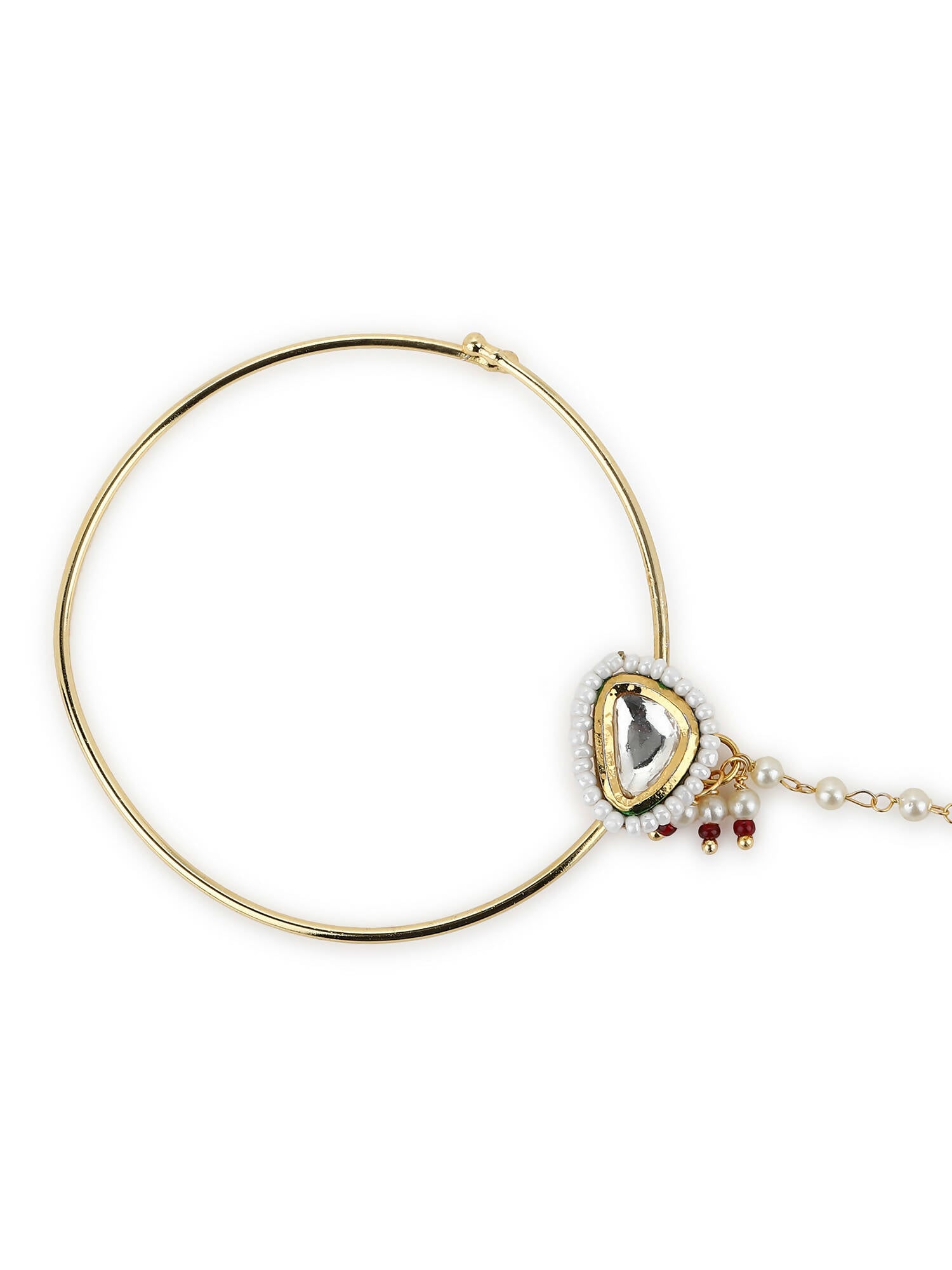 Gold-Polished White Kundan Studded Nose Pin With Beaded Extension - Ruby Raang | Swadesiicart