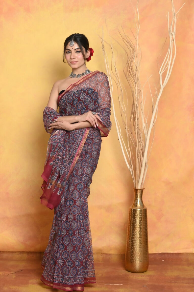 Very Much Indian Pure Kota Cotton Handblock Printed Saree - Grey | Swadesiicart