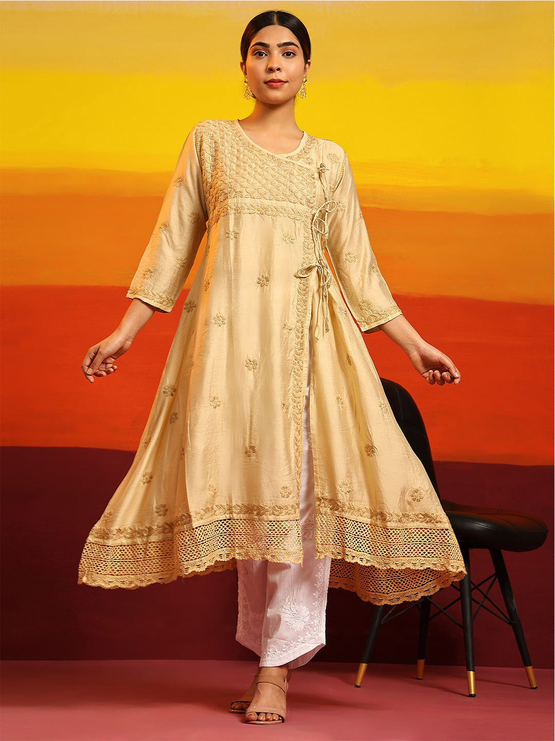 HOUSE OF KARI Embroidered Chikankari Chanderi Silk Anarkali Kurta | Swadesiicart