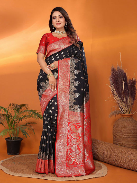 Joban Fashion Banarasi Black Woven Soft Silk Saree | Swadesiicart