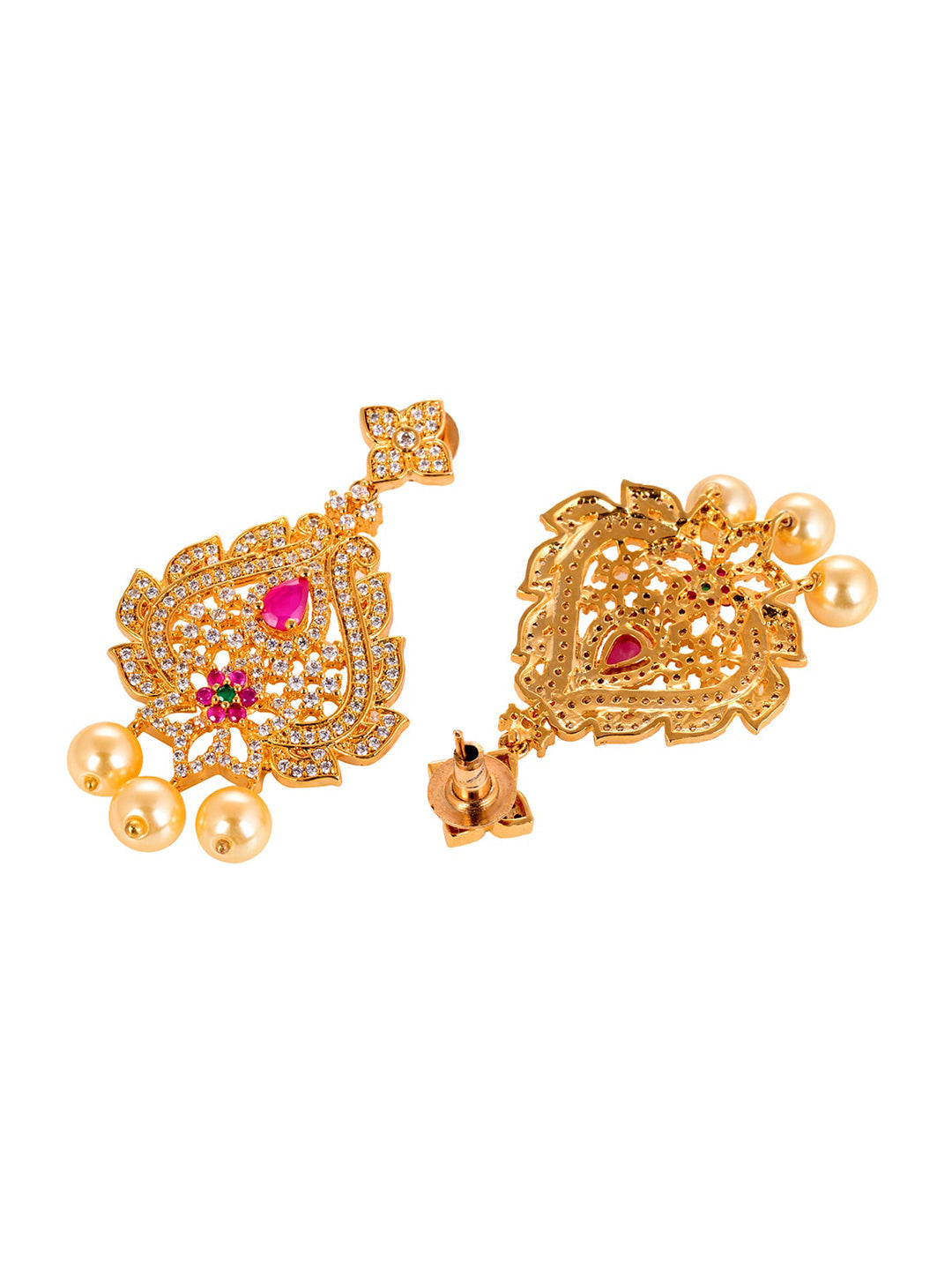 Saraf RS Jewellery Gold-Polished White & Pink American Diamond Studded & Beaded Handcrafted Jewellery Set - Swadesiicart
