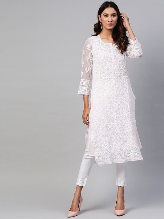 ADA Women Pink & White Chikankari Embroidered Handloom Kurta with Trousers | Swadesiicart