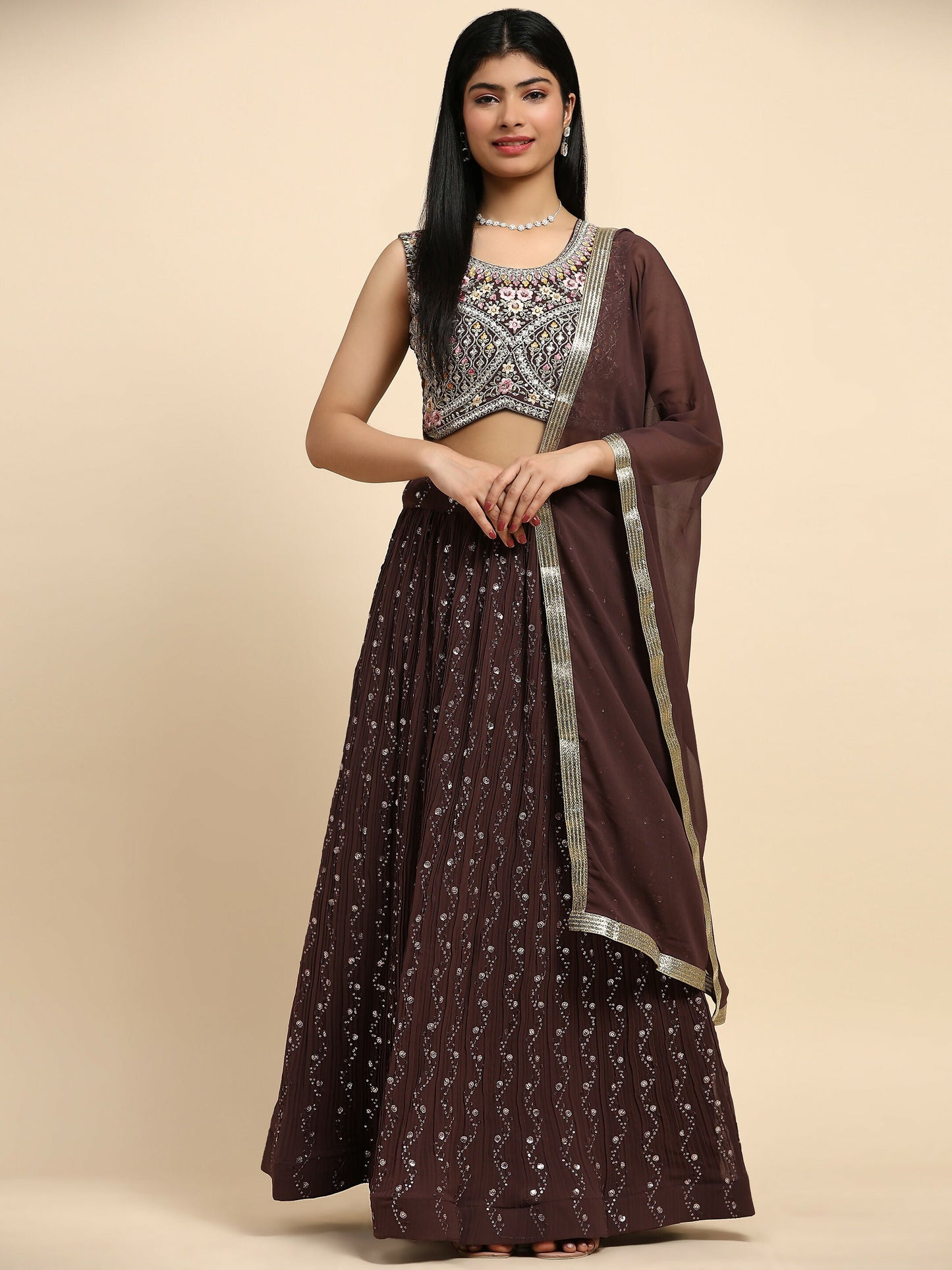 Brown Georgette Embroidered Lehenga choli with Dupatta - Dhara | Swadesiicart