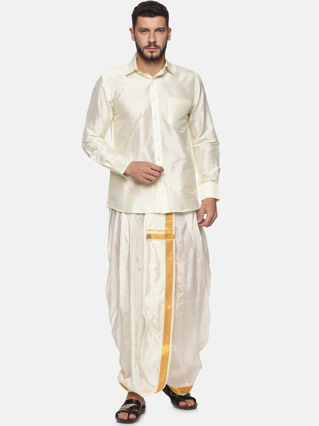 Sethukrishna Men Cream-Coloured & Gold-Coloured Solid Art Silk Dhoti Pants | Swadesiicart