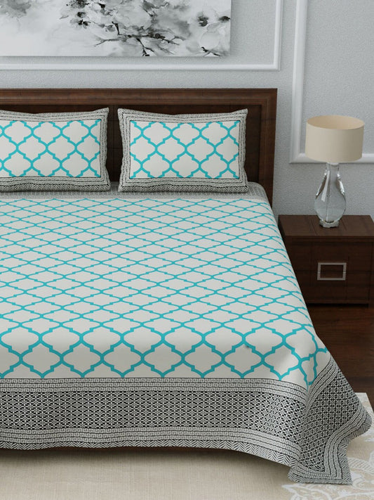 LIVING ROOTS White & Blue Printed 210 TC 1 King Jaipuri Bedsheet With 2 Pillow Covers - Swadesiicart