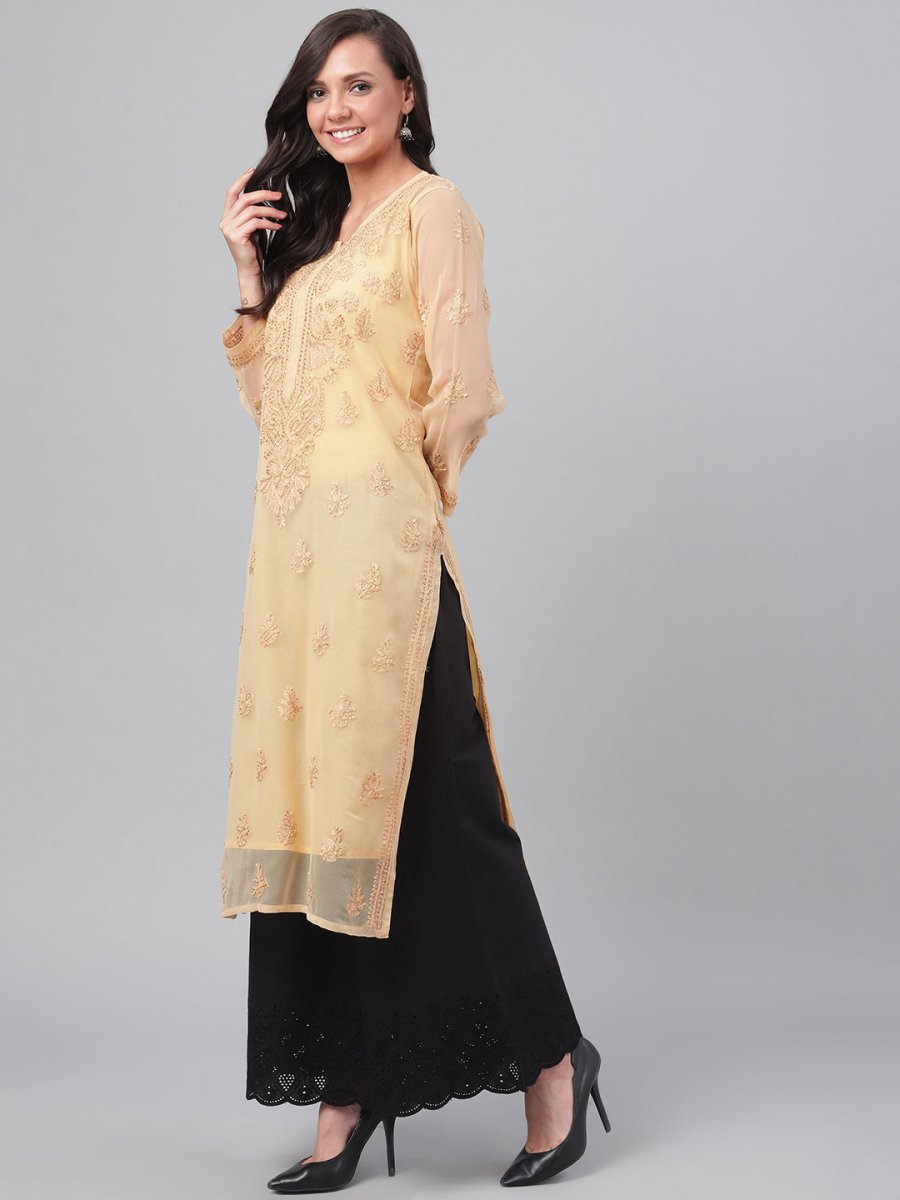 ADA Women Beige Chikankari Hand Embroidered Straight Sustainable Handloom Kurta With Slip | Swadesiicart