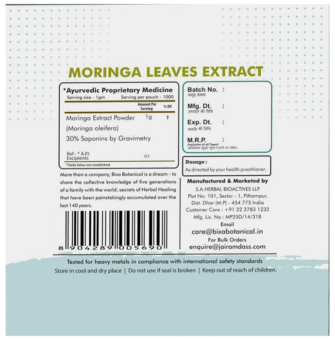 Bixa Botanical Moringa Leaves Extract Powder 30% Saponins | Swadesiicart