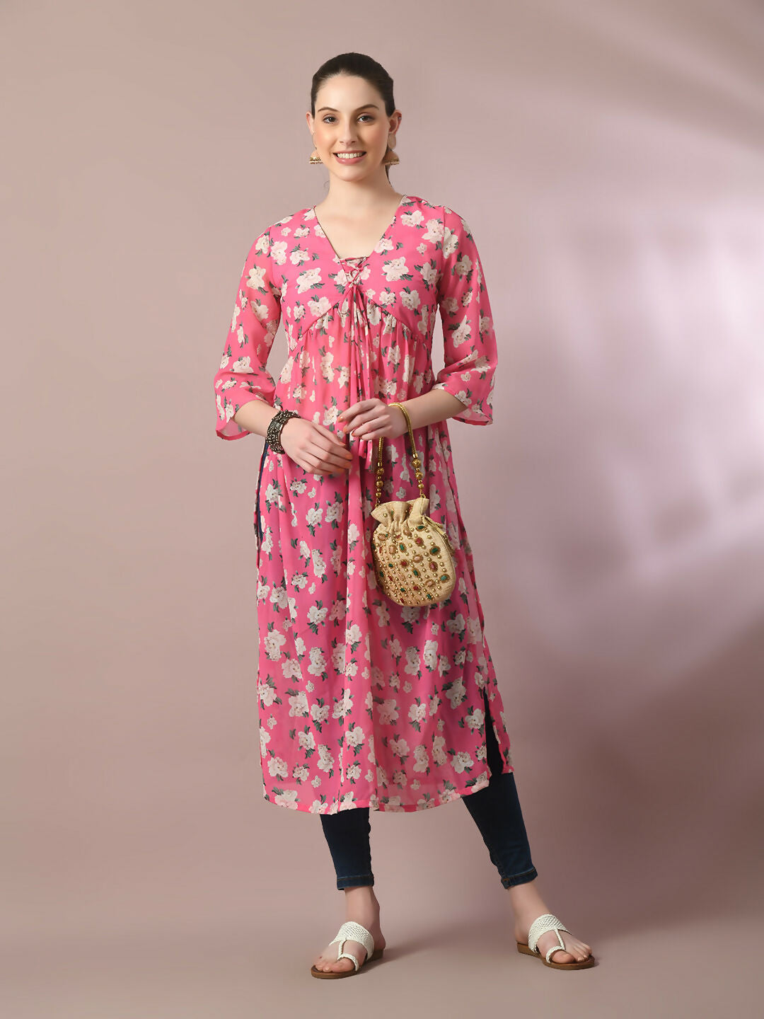 Myshka Women's Pink Printed Georgette A-Line Nyra-cut Kurta - Swadesiicart