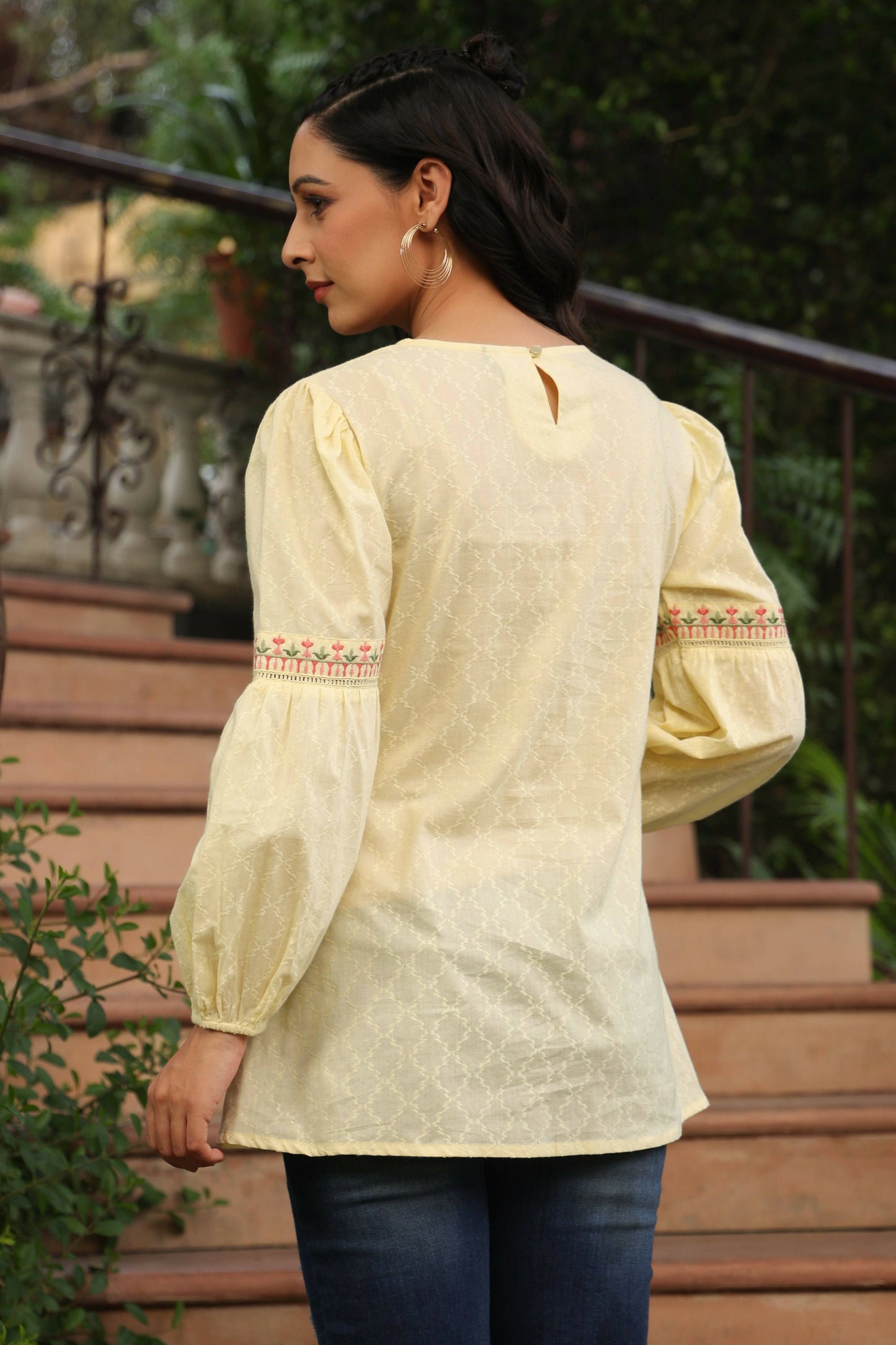 Juniper Women's Lemon Cotton Dobby Solid Embroidered Straight Tunic | Swadesiicart