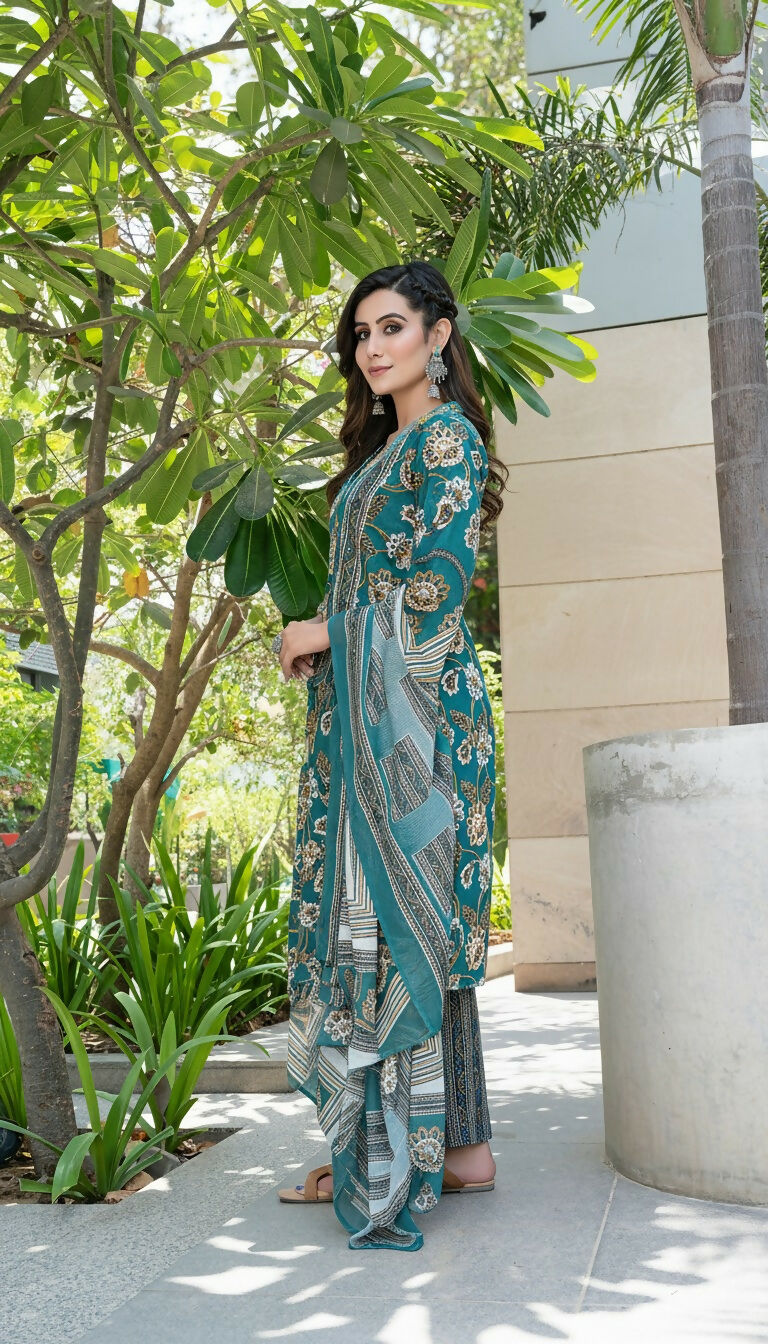 BulBul Fashionista Green Cotton Kurta Set with Dupatta - Swadesiicart