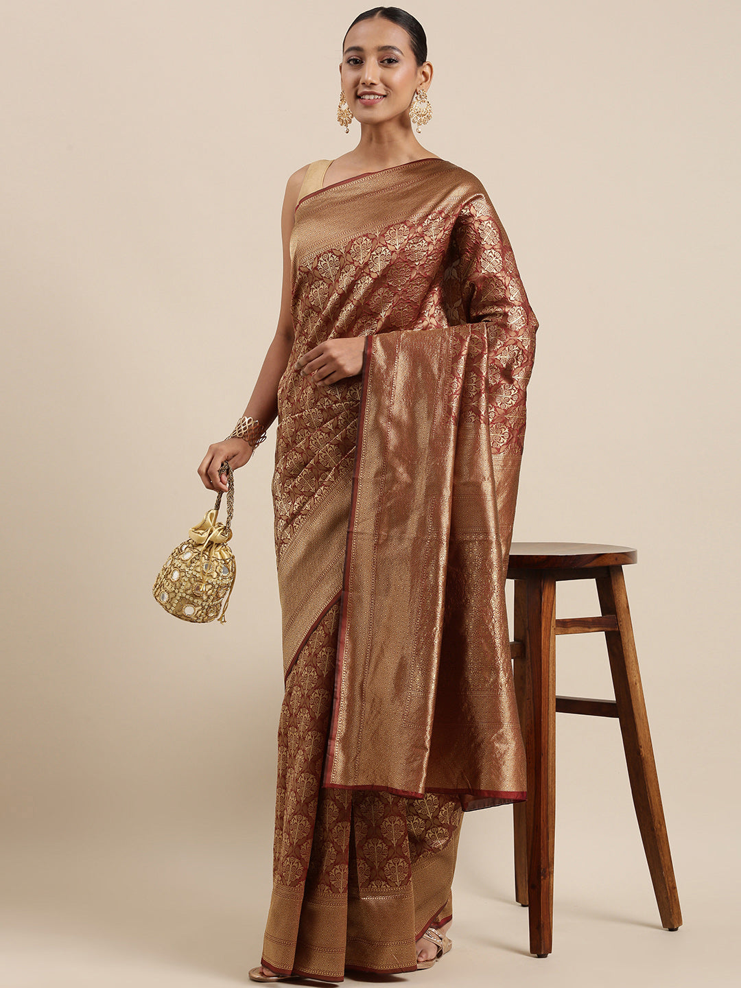 Kalini Maroon & Golden Ethnic Motifs Woven Design Banarasi Saree | Swadesiicart