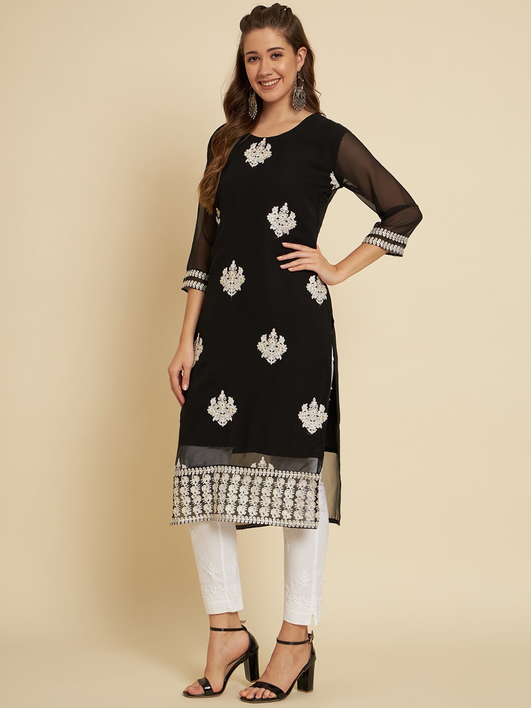 HERE&NOW Black & White Ethnic Motifs Chikankari Embroidered Georgette Kurta | Swadesiicart