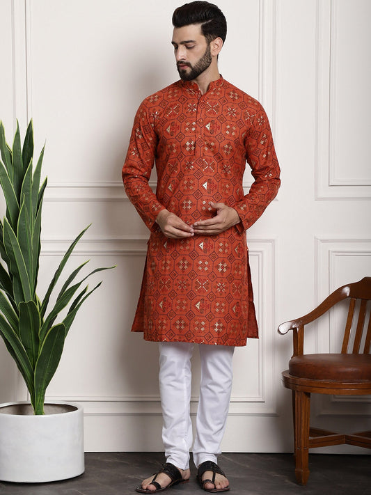 Sojanya Men Orange Printed Cotton Linen Kurta with Churidar | Swadesiicart