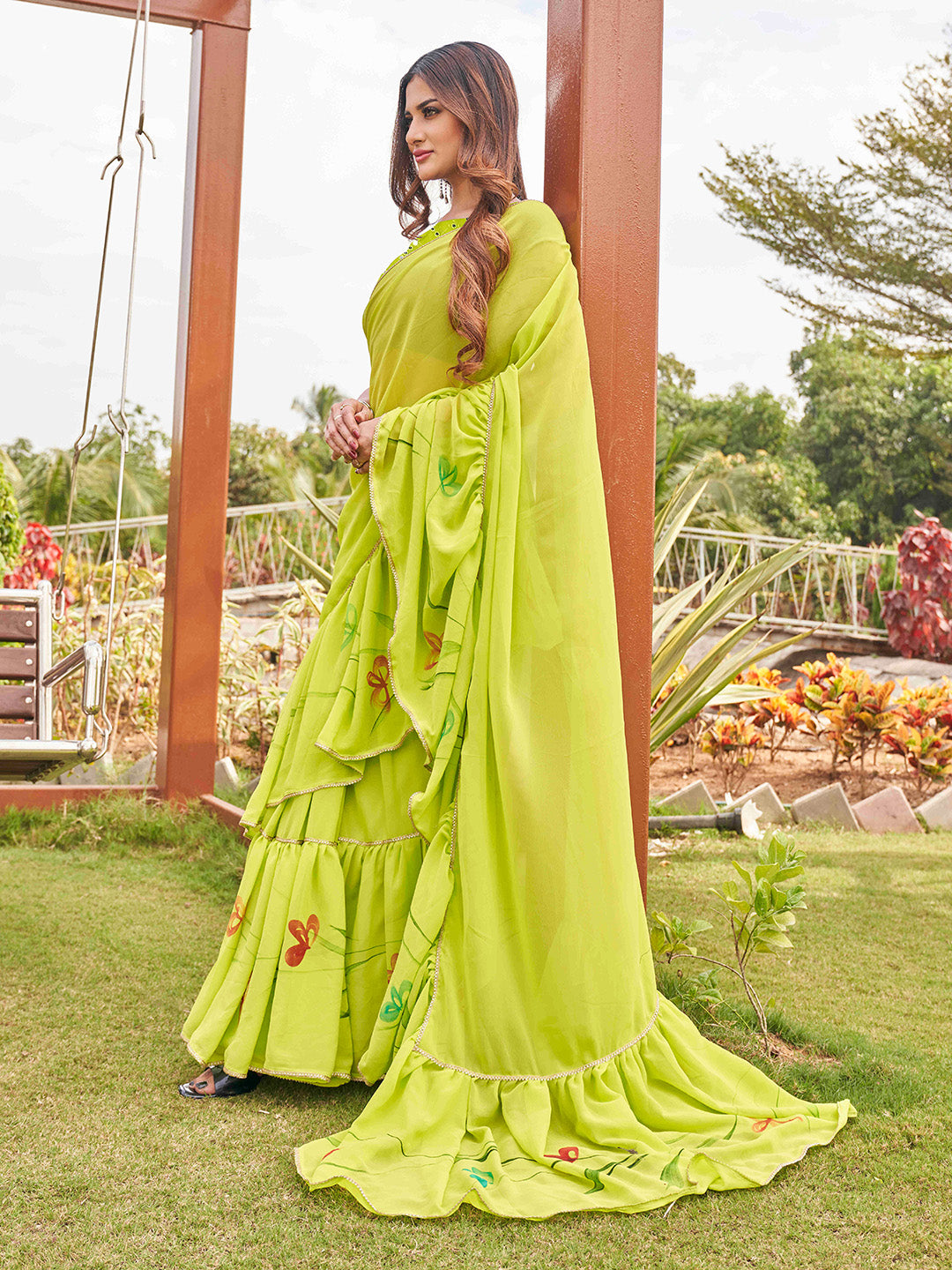 Tikhi Imli Printed Ruffle Saree With Mirror Embroidered Work Blouse | Swadesiicart