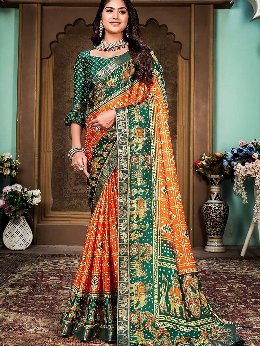 Kalini Bandhani Printed Silk Cotton Banarasi Saree | Swadesiicart