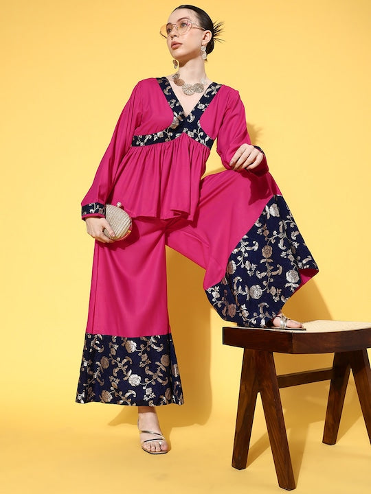 InWeave Women's Fuchsia Blue Brocade Mughal Shaan Kurta Palazzo Set - Swadesiicart