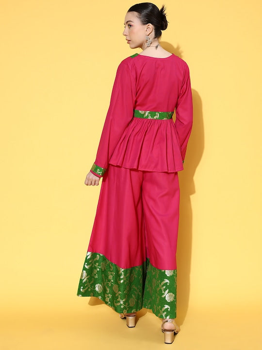 InWeave Women's Fuchsia Green Brocade Mughal Shaan Kurta Palazzo Set - Swadesiicart