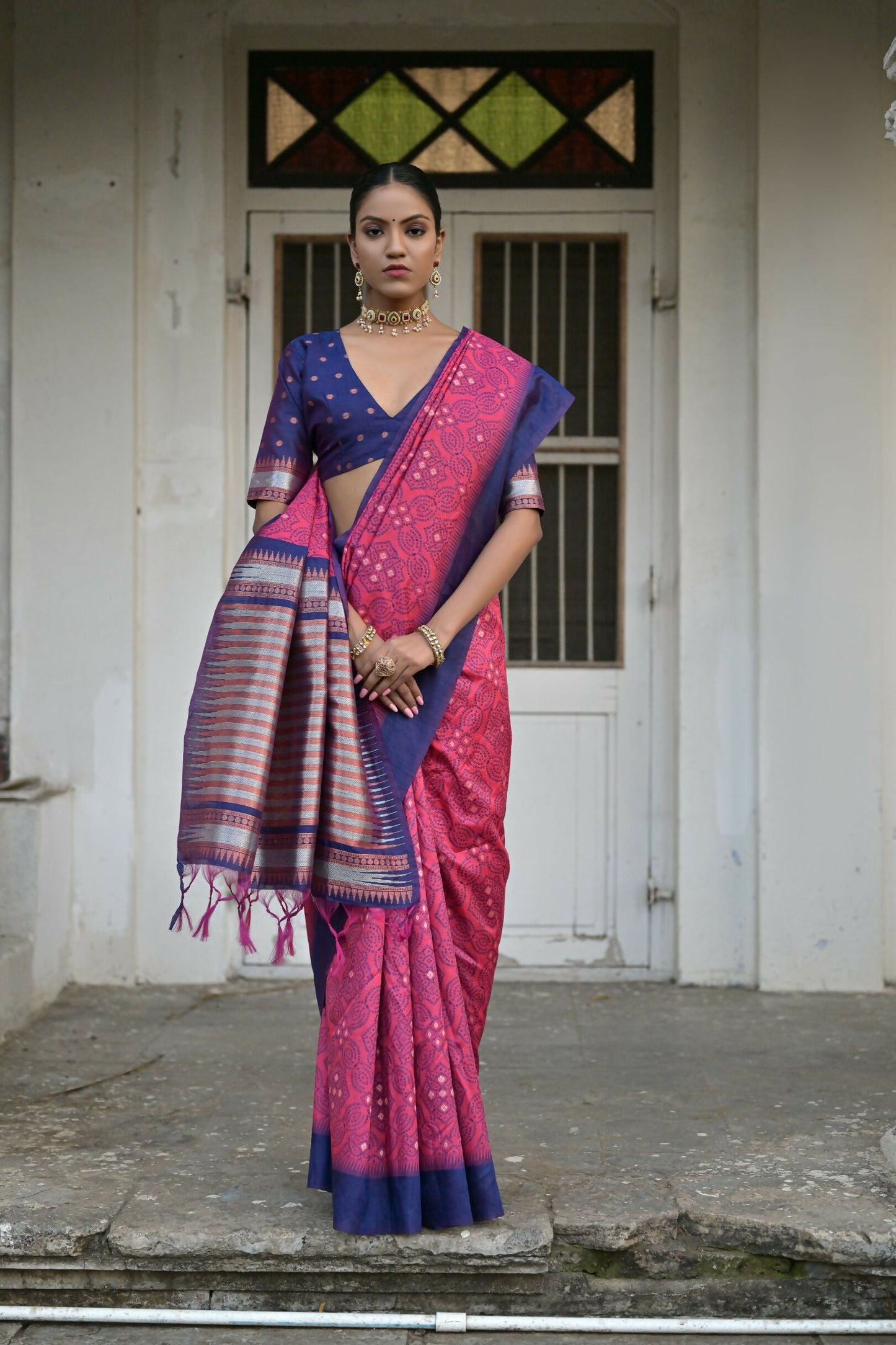 Vishnu Weaves Women's Rani Raw Silk Saree with Blouse - Swadesiicart