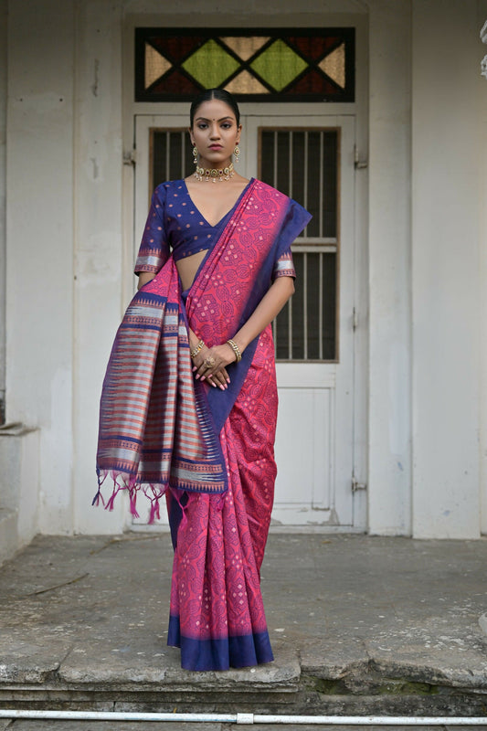 Vishnu Weaves Women's Rani Raw Silk Saree with Blouse - Swadesiicart