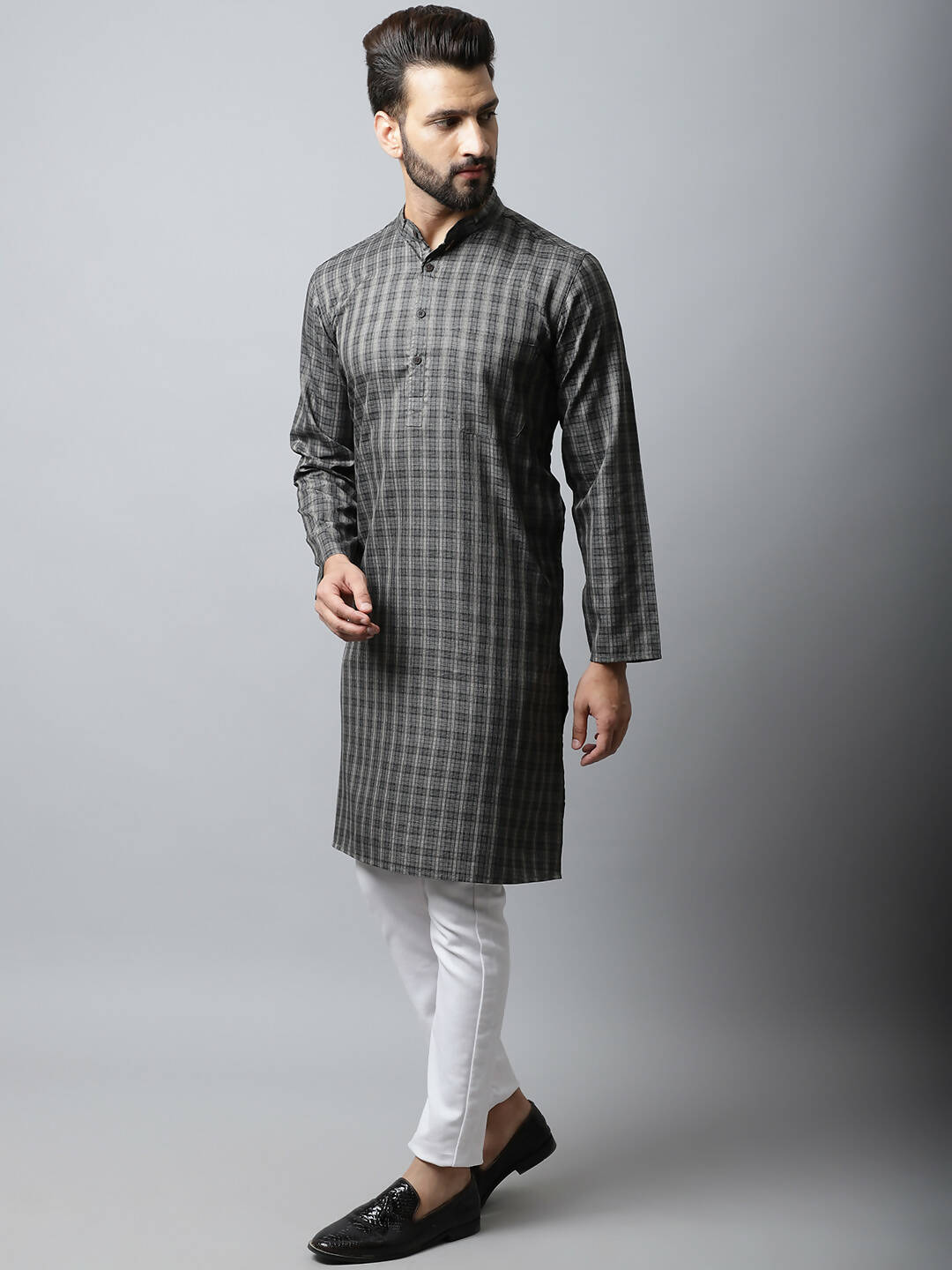 Even Apparels Brown Color Cotton Checked Men's Kurta With Band Collar (CHK1157) | Swadesiicart
