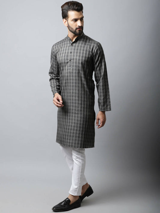 Even Apparels Brown Color Cotton Checked Men's Kurta With Band Collar (CHK1157) | Swadesiicart