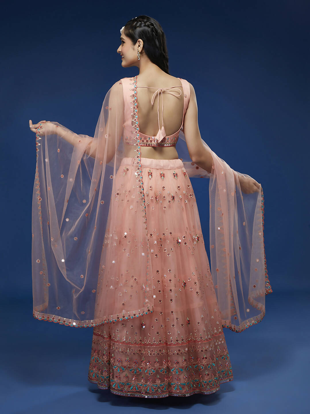 House of Panchhi Peach Net Sequinse Work Lehenga & Blouse, Dupatta | Swadesiicart