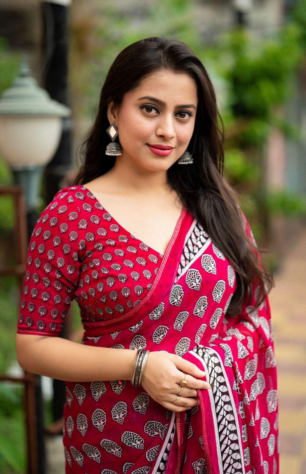 Rani Poly Georgette Ajrak Saree with Unstitched Blouse - Hiral Fashion | Swadesiicart