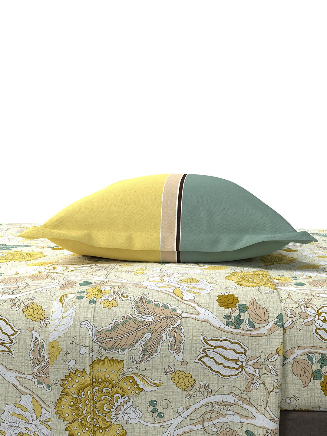 MYTRIDENT Yellow White Floral Cotton 144 TC Queen Bedsheet With 2 Pillow Covers - Swadesiicart