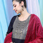 Vishudh Navy Blue Ethnic Motifs Yoke Design Straight Kurta With Palazzos & Dupatta - Swadesiicart