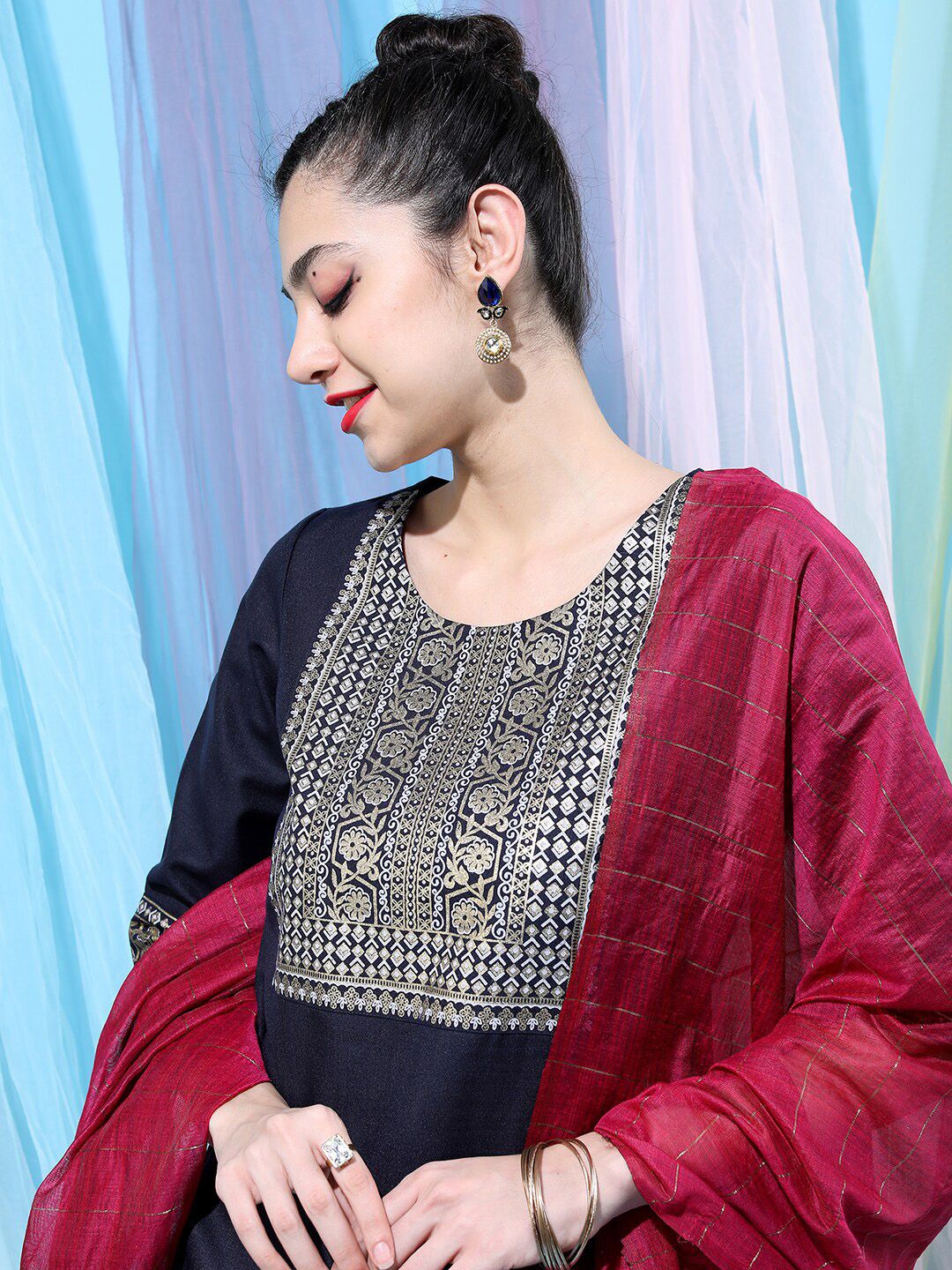 Vishudh Navy Blue Ethnic Motifs Yoke Design Straight Kurta With Palazzos & Dupatta - Swadesiicart
