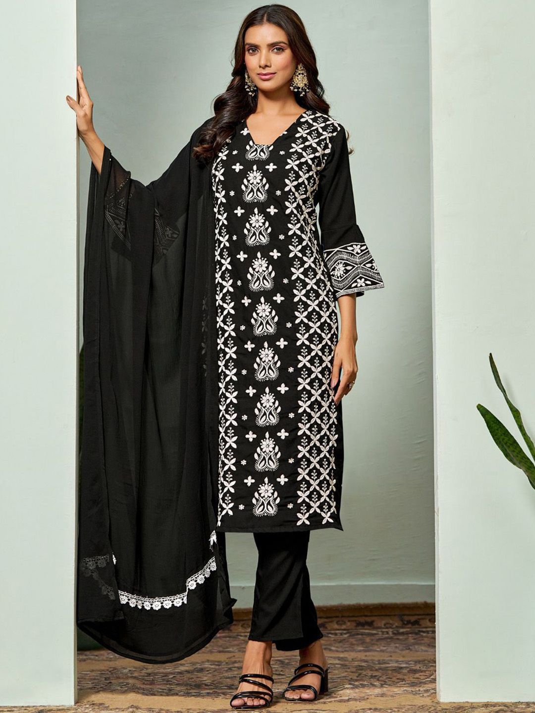 Sangria Chikankari Embroidered Straight Kurta & Trouser With Dupatta | Swadesiicart
